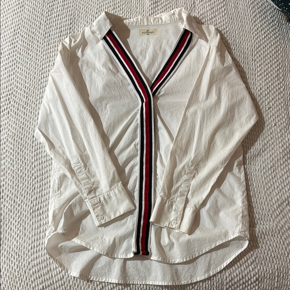 White Button Up Shirt with Red and Black Stripe Detail